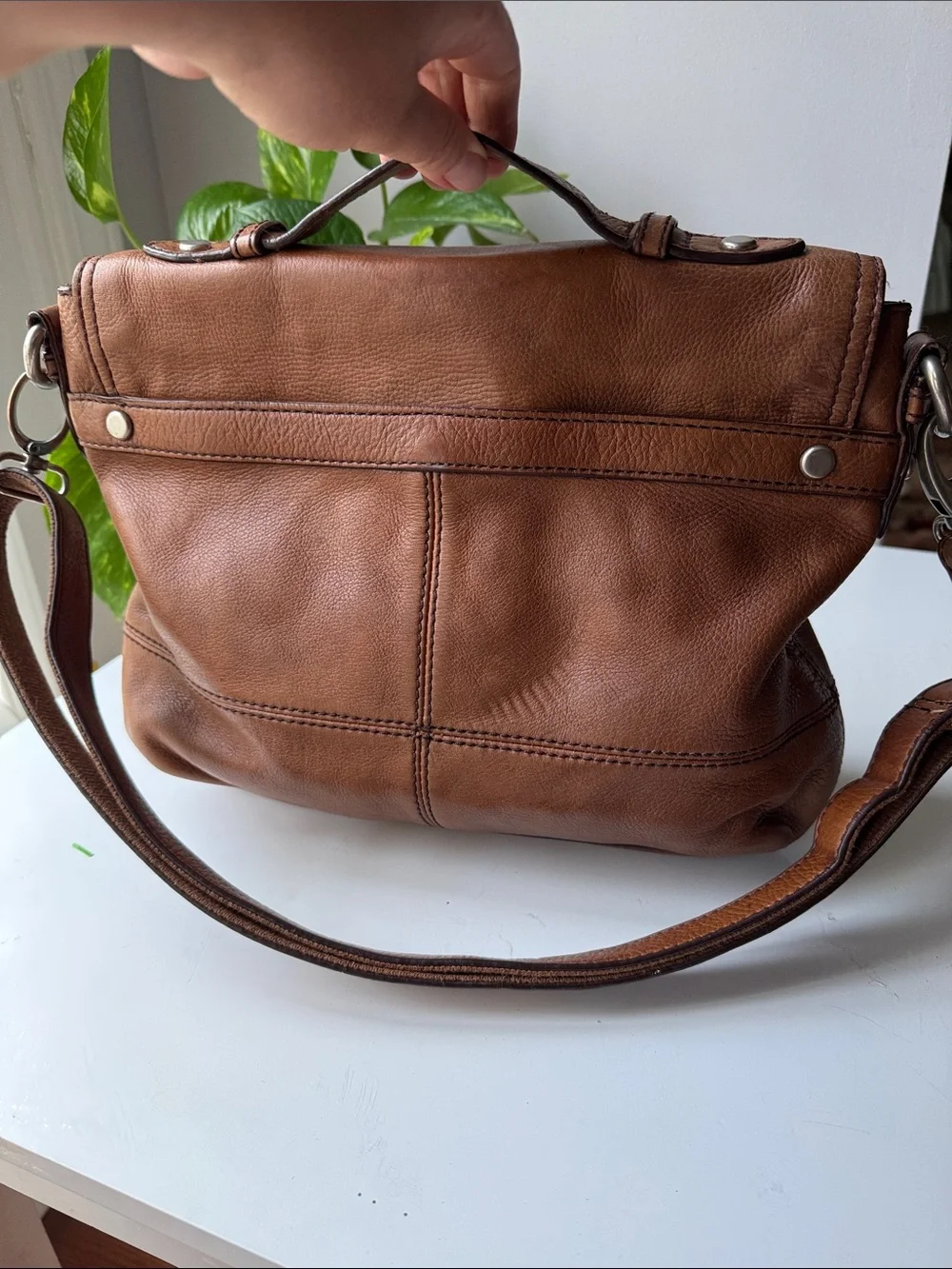 Fossil Tan Leather Messenger Bag with Silver Hardware